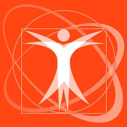 Weißes abstrahiertes Figurenmotiv in einem Quadrat auf orangem Hintergrund.