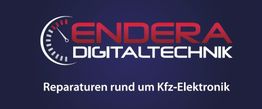 Logo von Endera Digitaltechnik, Reparaturen an Kfz-Elektronik, mit Tachometer-Symbol.