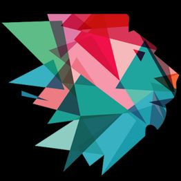 Abstrakter Löwenkopf aus bunten geometrischen Formen auf schwarzem Hintergrund.