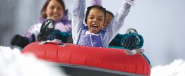 Child and adults enjoy snow tubing on a snowy hill, child cheering with arms up.