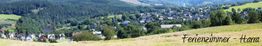 Panorama einer grünen Landschaft mit einem Dorf, Bergen und dem Text "Ferienzimmer - Harra".