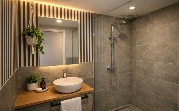 Ein modernes steingrau gefliestes Bad ohne Fenster. In der Ecke über der Dusche schimmelt es.