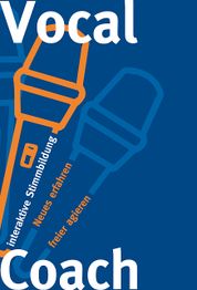 Blaues Poster mit Mikrofon-Illustrationen und Text: "Vocal Coach", "Interaktive Stimmbildung".