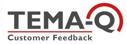 Logo mit Text "TEMA-Q Customer Feedback" in Grau und Rot, unterstrichen mit einer roten Linie.