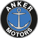 Logo med et anker i blå cirkel, omringet af teksten "ANKER MOTORS" på sort baggrund.