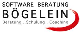 Logo mit Text: "Software Beratung Bögelein, Beratung, Schulung, Coaching", roter Pinselstrich rechts.