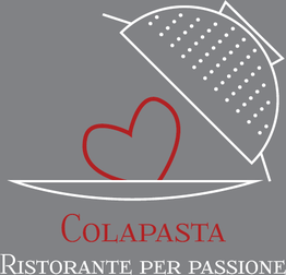 Logo con scolapasta, cuore e scritta "Colapasta, Ristorante per passione" su sfondo grigio.
