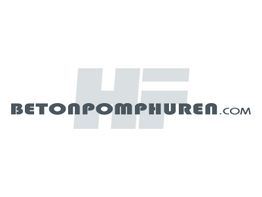 Logo van "betonpomp huren" met grijze tekst en achtergrondletters "HF".