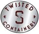 Logo with "Twisted Containers" text encircling a barbed wire "S" on a metallic background.