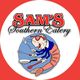 Logo of Sam's Southern Eatery with a shrimp dressed as a chef cooking.