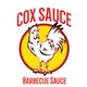 Rooster graphic with text "Cox Sauce Barbecue Sauce" in red above and below the image.