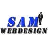 Logo mit blauem Text "SAM Webdesign" und Silhouette eines Anzugs tragenden Mannes.