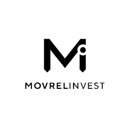 Logo de Movrel Invest avec lettre M stylisée en noir sur fond blanc.