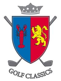 Wappen mit Hummer, Löwe, Krone, zwei Golfschlägern und der Aufschrift "Golf Classics".