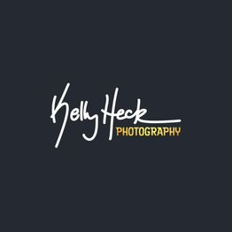 "Kelly Heck Photography logo in white and yellow on a dark gray background."
