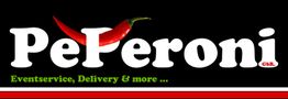 Peperoni-Logo mit roter Chilischote und Text: "Eventservice, Delivery & more ..." in Grün.