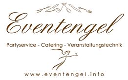 Logo "Eventengel" mit Engelfigur und Text: Partyservice, Catering, Veranstaltungstechnik.