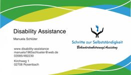 Visitenkarte von Disability Assistance mit Kontaktinformationen und Logo auf grünem Hintergrund.
