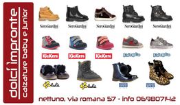 Scarpe da bambino di vari marchi, inclusi NeroGiardini e Kickers, in un annuncio promozionale.