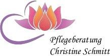 Lotusblüte mit Schriftzug "Pflegeberatung Christine Schmitt" in lila und rosa.