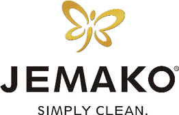 Jemako-Logo mit Schmetterlingssymbol und dem Slogan "Simply Clean" darunter.