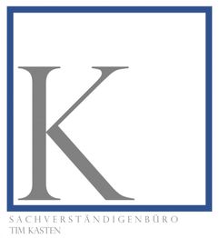 Großer Buchstabe "K" in grau mit dunkelblauem Rand. Text: "Sachverständigenbüro Tim Kasten".