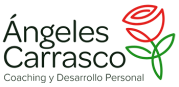 Logo con texto "Ángeles Carrasco Coaching y Desarrollo Personal" y una rosa roja y verde.