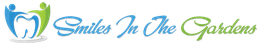 Logo with tooth design, figures, and text: "Smiles In The Gardens" in blue and green.