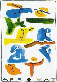 Arte abstracto colorido con formas geométricas y letras "APROVAT" en la parte inferior.