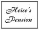 Schwarzer Schriftzug „Heise's Pension“ auf weißem Hintergrund mit schwarzem Rahmen.