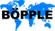 Blauer Weltkartenausschnitt mit schwarzem Text "BÖPPLE" in Großbuchstaben.