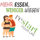 Zwei Personen, Spruch: "Mehr essen, weniger wiegen, restart your life" in bunten Buchstaben.