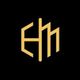 Stylized gold initials "EM" on a black background.