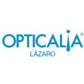 Logo de Opticalia Lázaro en letras azules sobre fondo blanco.