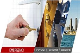 Hand using key; emergency, residential, automotive, and commercial locksmith services.
