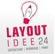 Logo mit Glühbirne und Stift, Text: "Layout Idee 24, Gestaltung, Werbung, Print".