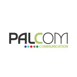 Logo con scritta "PALCOM COMMUNICATION" e puntini colorati sotto.