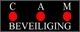 Zwarte achtergrond met tekst "C A M Beveiliging" en rode stippen boven de letters.