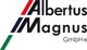 Logo der Albertus Magnus GmbH mit Farblinien in Rot, Blau, Grün.