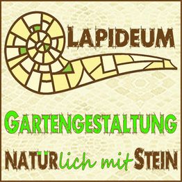 Grafik mit Text: "LAPIDEUM, Gartengestaltung, natürlich mit Stein" und stilisierte Spirale.
