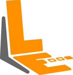 Orange Buchstaben "L" und "E" bilden stilisierte Laptop-Silhouette auf grauem Untergrund.