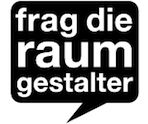 Sprechblase mit Text "frag die raum gestalter" in Schwarz-Weiß.