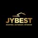 Gold "JYBEST" logo with a roof design, text: Roofing, Exterior, Interior, on black background.