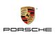 Porsche logo with black text below featuring a gold and red crest with a horse and antlers.