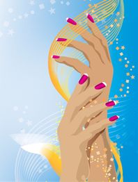 Illustration von Händen mit pinken Nägeln vor abstraktem Hintergrund aus Spiralen und Sternen.