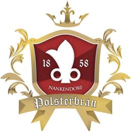 Wappen mit Krone, Schriften "NANKENDORF", "Polsterbräu" und Jahr "1858" auf rotem Hintergrund.