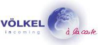 Logo mit Weltkugel, Text: "Völkel incoming à la carte" in Blau und Rot.
