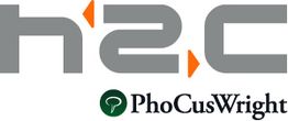 Logo mit den Schriftzügen "h2c" in Grau und "PhoCusWright" mit einem grünen Symbol darunter.