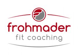 Logo von "frohmoder fit coaching" in Rot und Grau mit stilisiertem Symbol oben.