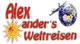 Der Text "Alex anders Weltreisen" mit Sonne, Erde und Flugzeug als Dekoration.